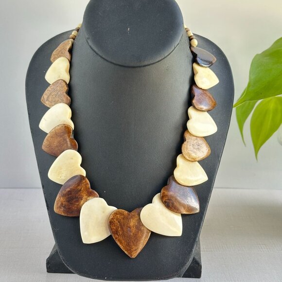 Jewelry - Vintage Horn Statement Necklace, Graduated Brown & Cream Panels, African Tribal